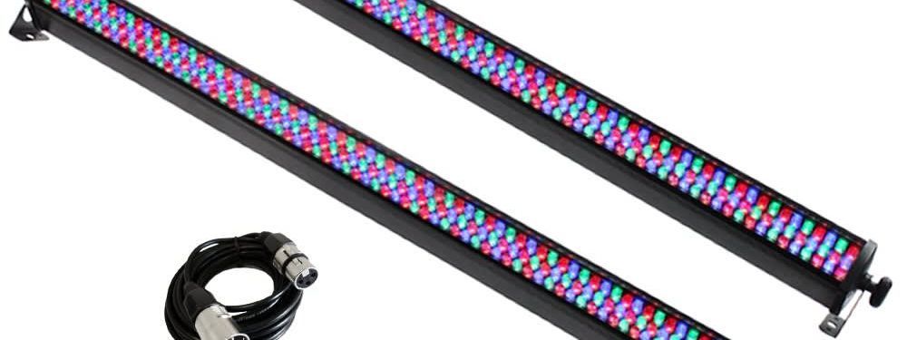 Two black RGB LED batten lights with a coiled DMX cable