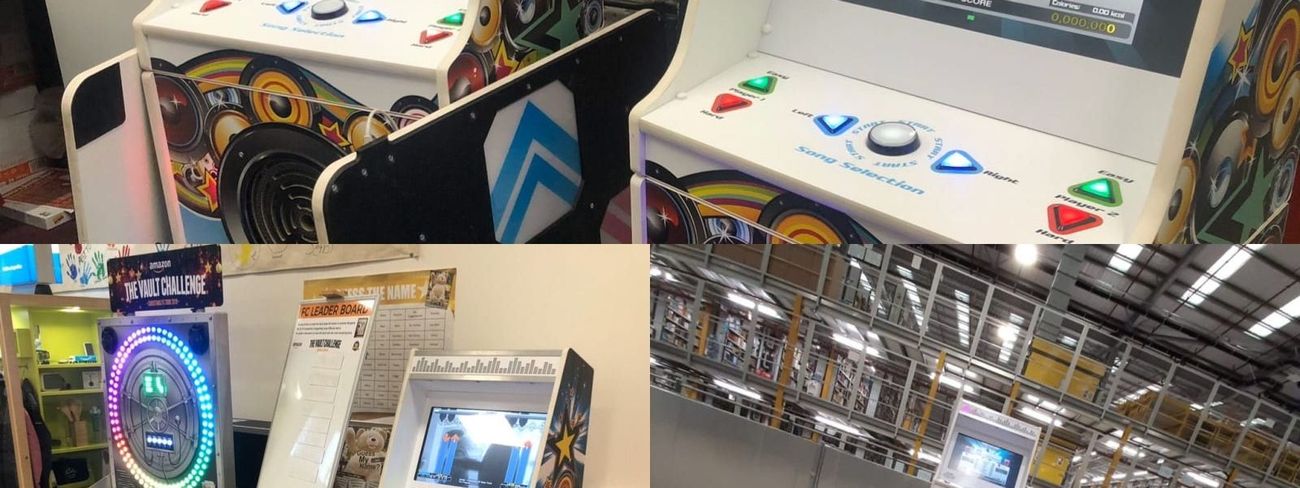 Collage of dance machines and arcade pads