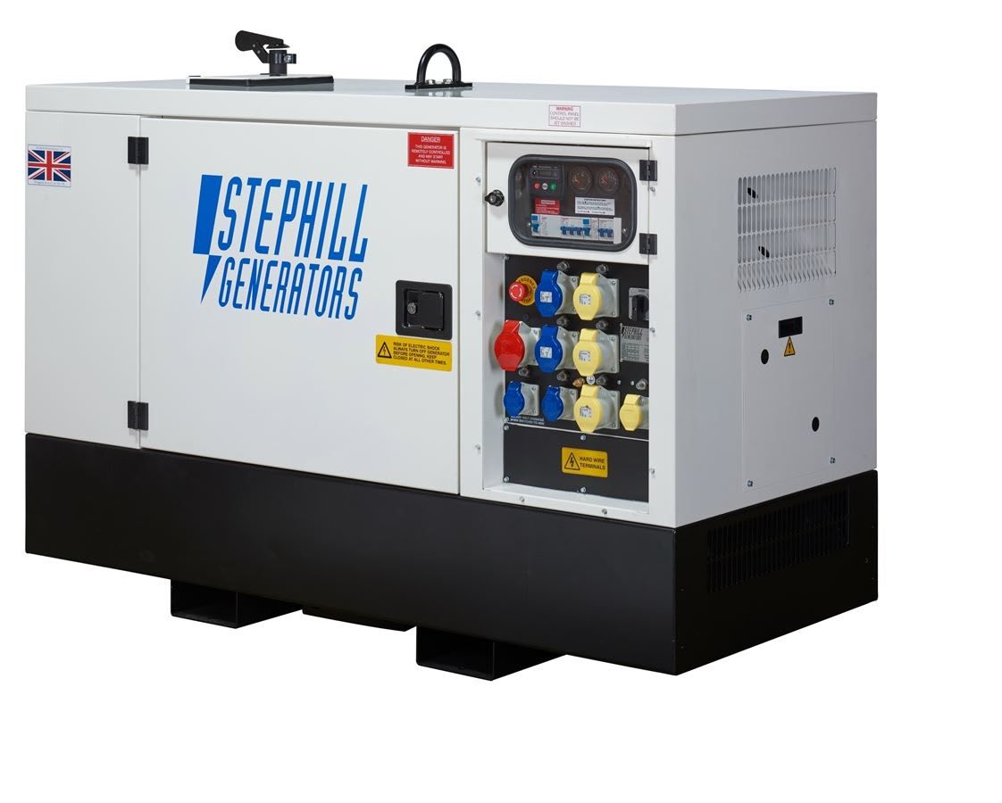 Stephill 20 kVA generator showing multi-voltage industrial socket panel