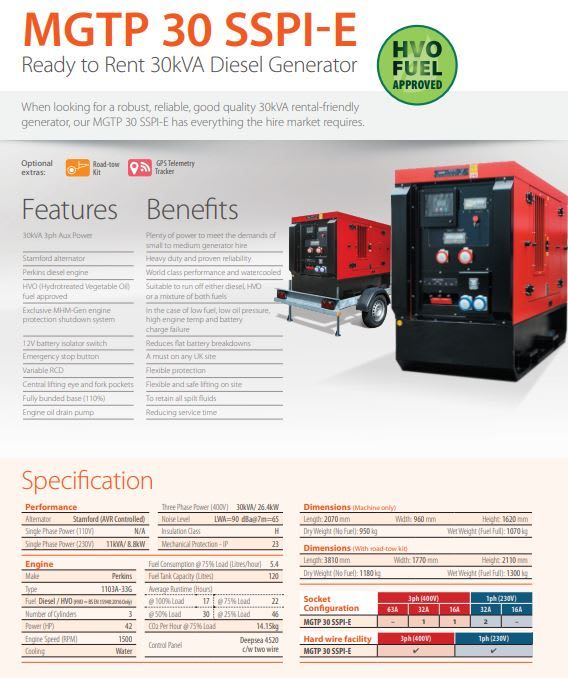 Specification sheet for the MGTP 30 SSPI-E 30kVA diesel generator