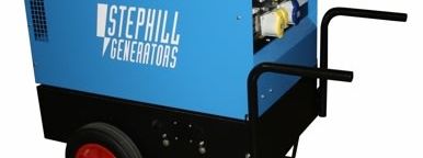 Blue Stephill SSD6000S silenced diesel generator on a two-wheeled site trolley with red wheel and black folding handles
