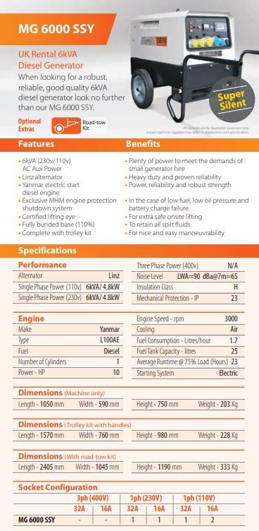 Specification sheet for the MG 6000 SSY 6kVA silenced diesel generator