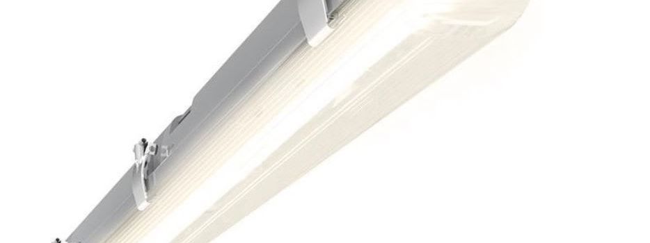 Studio shot of a 6ft IP65 non-corrosive LED batten light, lit at one end