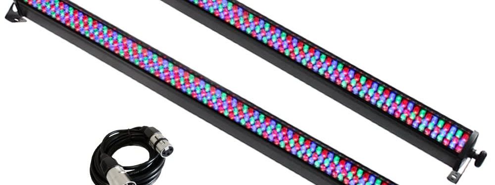 Two black RGB LED batten lights with a coiled DMX cable