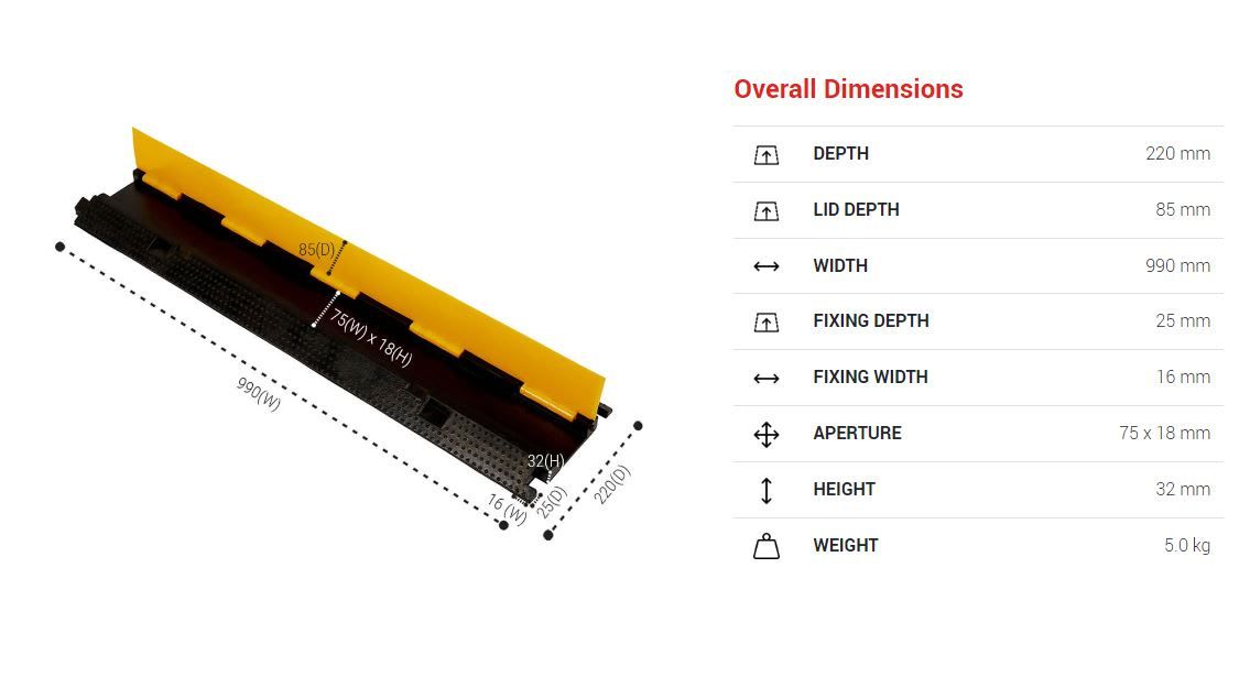 Cable Protector specification diagram with labelled overall dimensions
