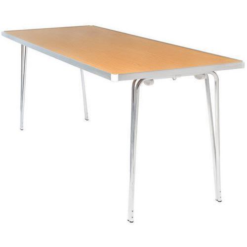 Gopak Economy folding table with a Durham Oak laminate top, aluminium edging and silver aluminium legs on a white background