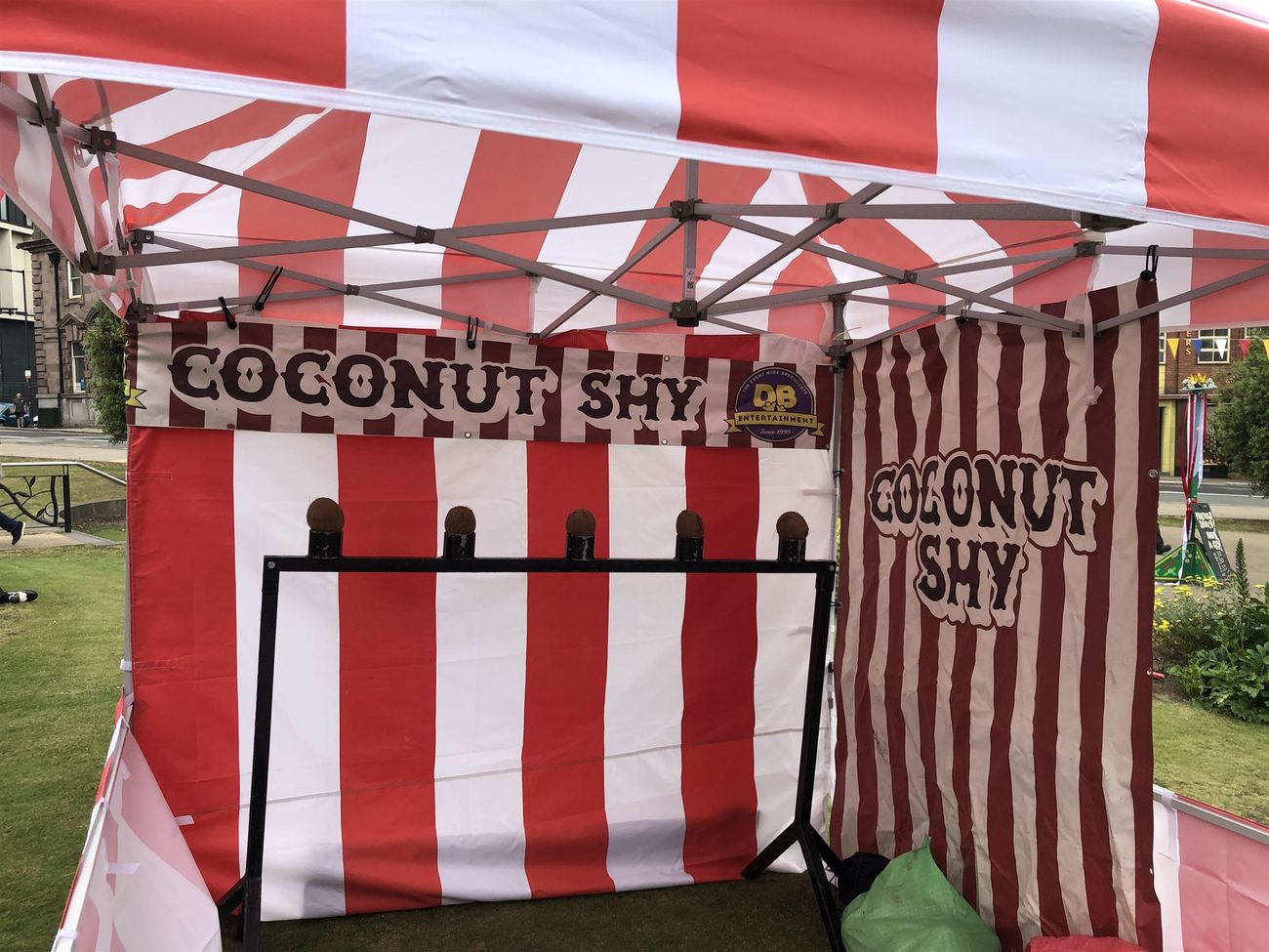 Five real coconuts on a black target stand beneath Coconut Shy signage
