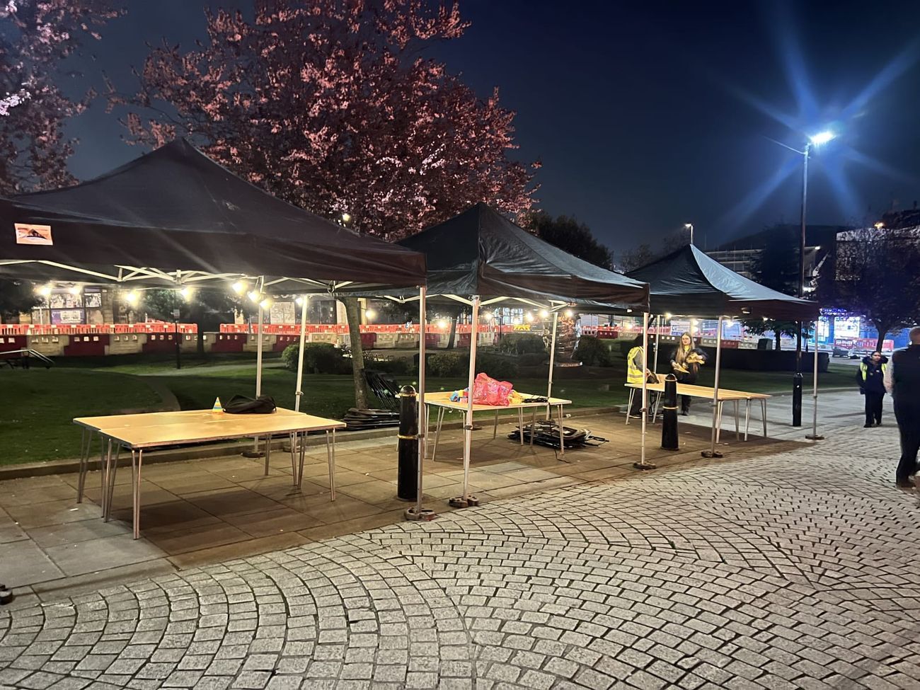 Black gazebos lit by festoon under blossom trees
