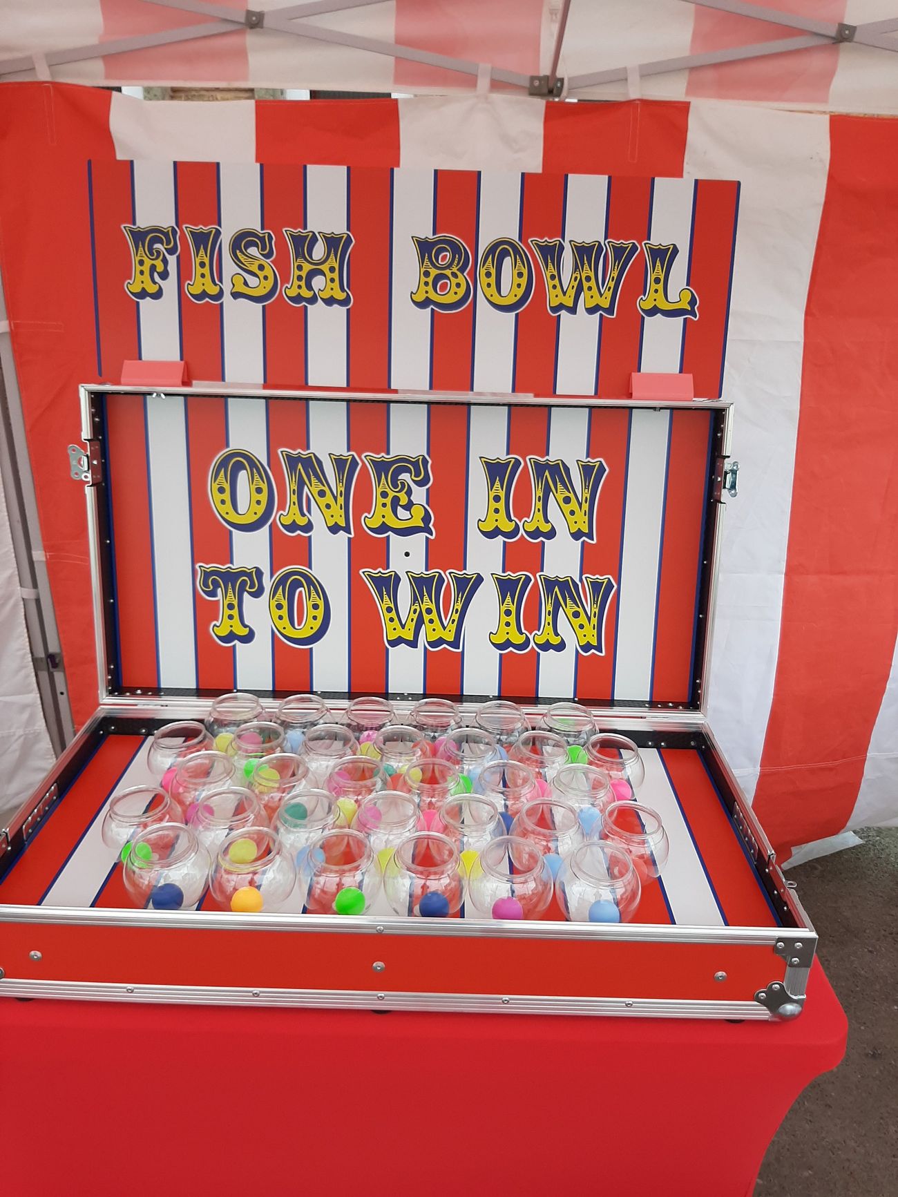 Close view of the Fish Bowl Challenge flight case with four rows of clear glass bowls holding coloured balls