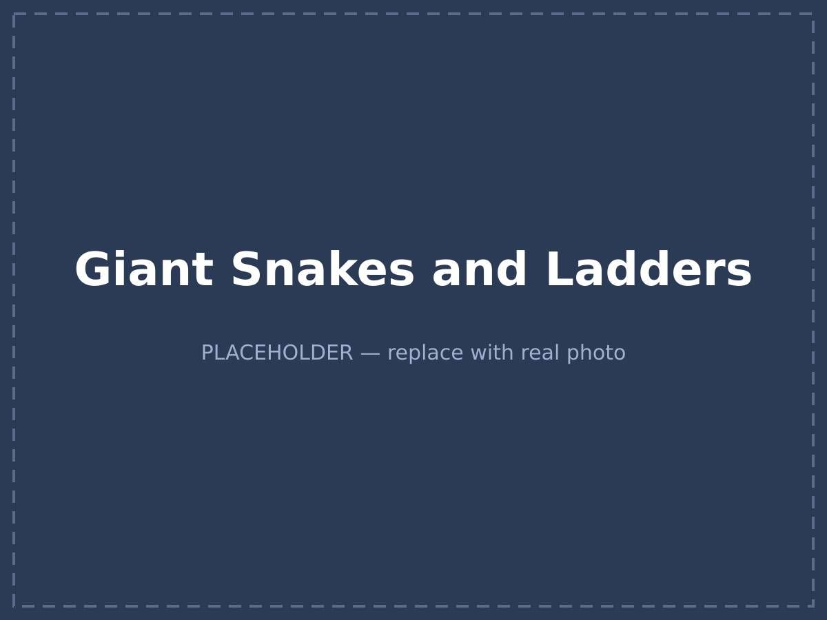 Children rolling a large foam die on a giant Snakes and Ladders mat on grass
