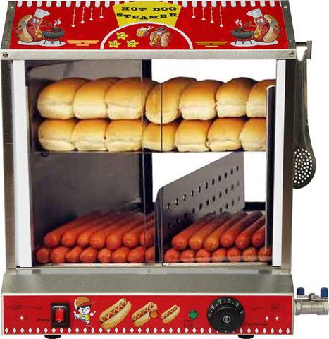 Glass-fronted hot dog steamer with red canopy, buns warming on the shelf above the frankfurters and serving tongs hanging at the side