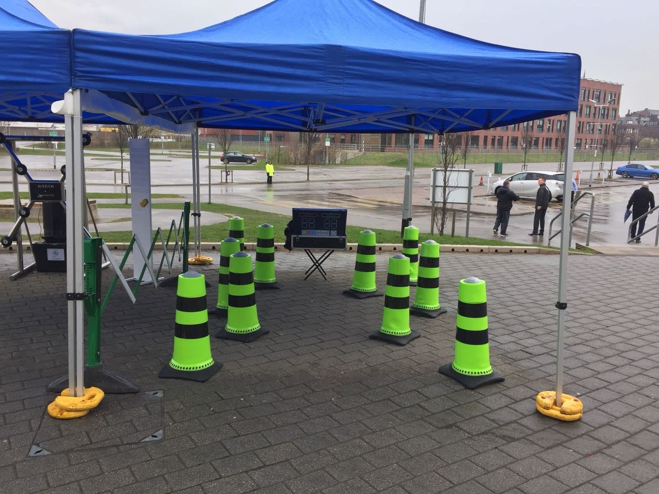 Game set up under a gazebo with scoreboard