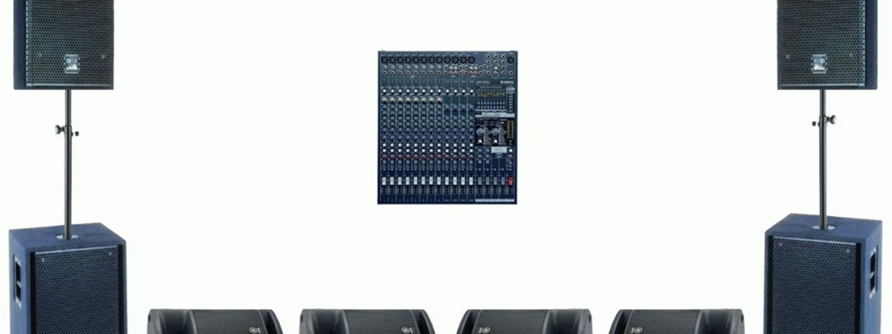 Catalogue image from the Logic System PA listing showing speaker stacks, a mixing desk and stage monitors