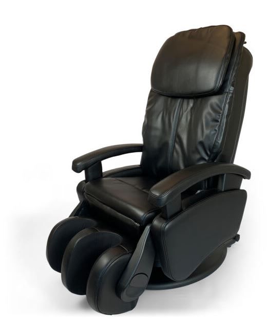 Black leather electric massage chair photographed from the same angle