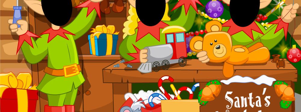 Santa's Workshop face-in-the-hole board artwork with three elf face holes
