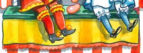 Punch & Judy face-in-the-hole board with red-and-white striped circus frame, two puppets on a stage and a yellow sign reading "That's the way to snap it!"