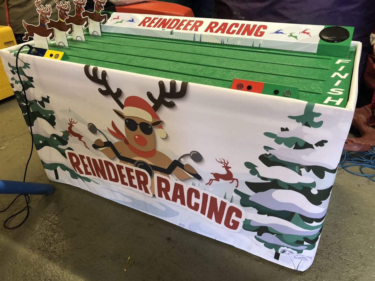 Side view showing the green track and finish line