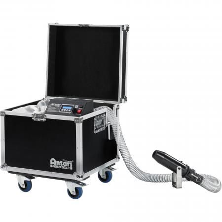 Antari snow machine in its flight case with the control panel, output hose and rigging nozzle
