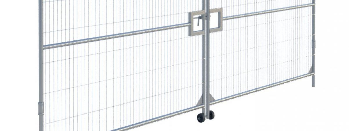 Pair of galvanised Heras-style temporary fence panels forming a wheeled vehicle access gate with anti-climb mesh