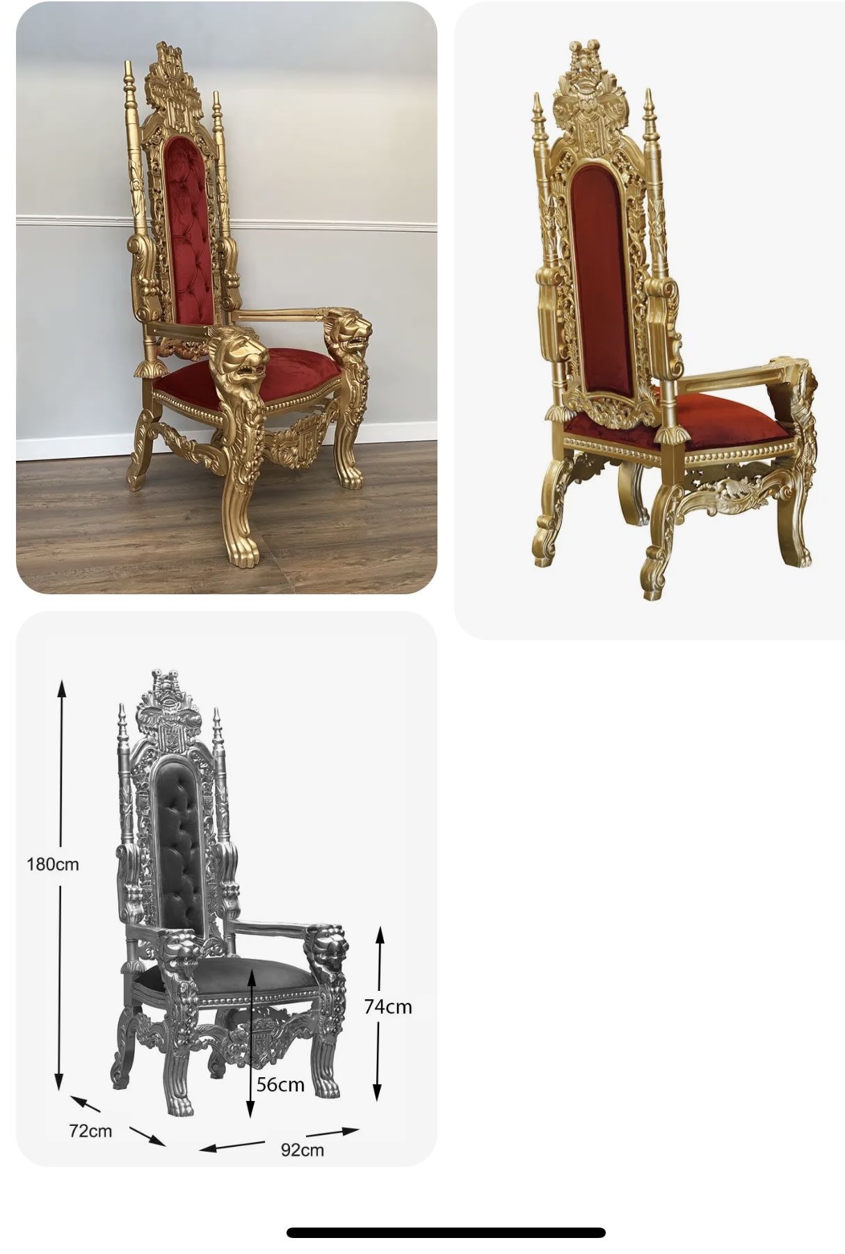 Throne chair dimensions and detail views