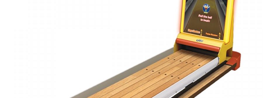 Bowl Master virtual bowling lane and screen with a green ball