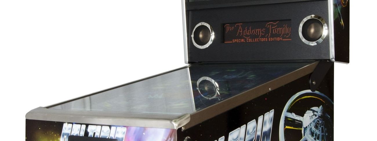 Virtual pinball cabinet loaded with The Addams Family backglass and playfield