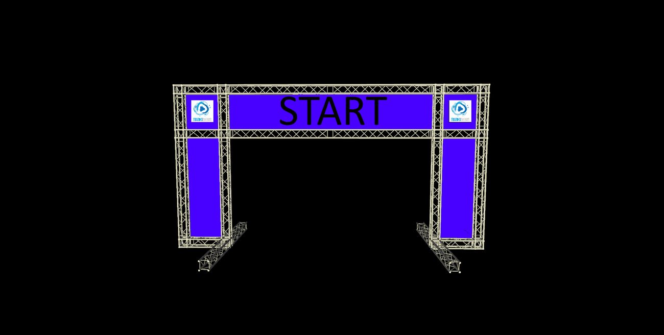 Metal box truss gantry with angled base legs and a full-width blue header banner