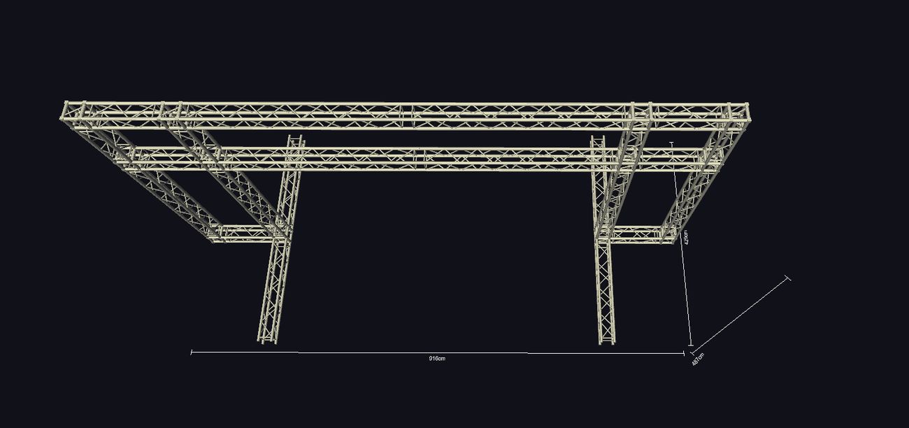 CAD drawing of the box truss gantry frame showing the two columns, top beam and angled base legs